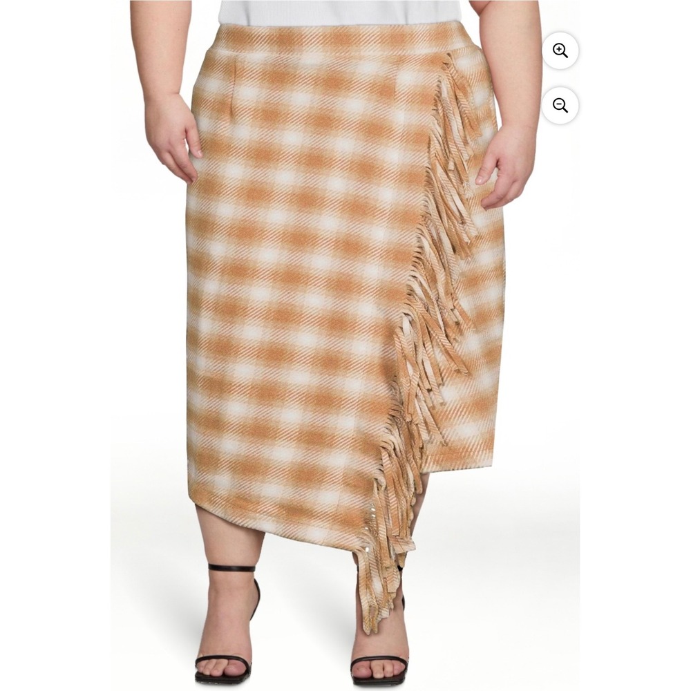 Time and Tru Plaid Fringe‎ Asymmetrical Midi Skirt Women's XXL 20 Tan White - Picture 2 of 10